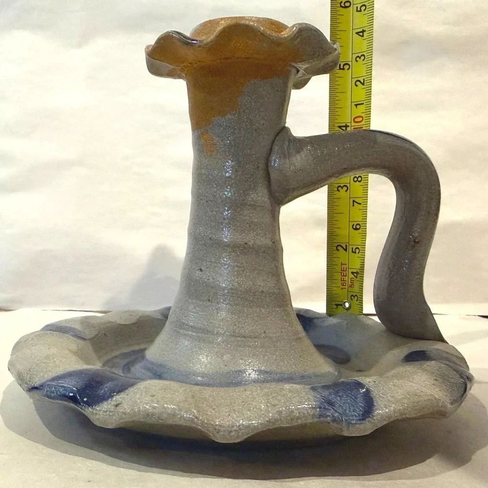 Rowe Pottery Works 1992 Salt Glaze‎ Chamber Stick Candleholder Cobalt Floral